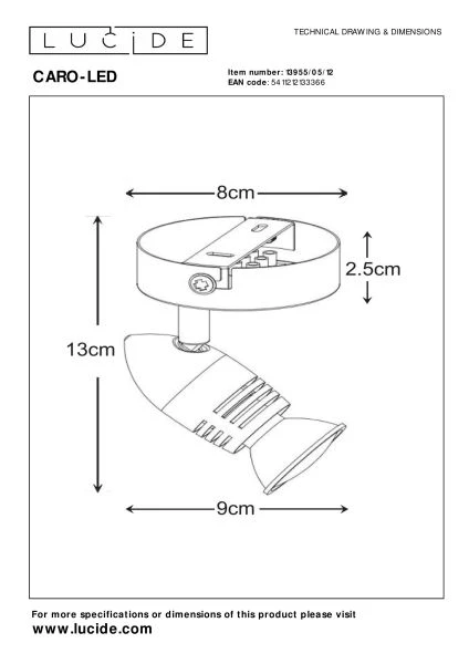 Lucide CARO-LED - Spot plafond - Ø 9 cm - LED - GU10 - 1x5W 2700K - Chrome Dépoli - TECHNISCH